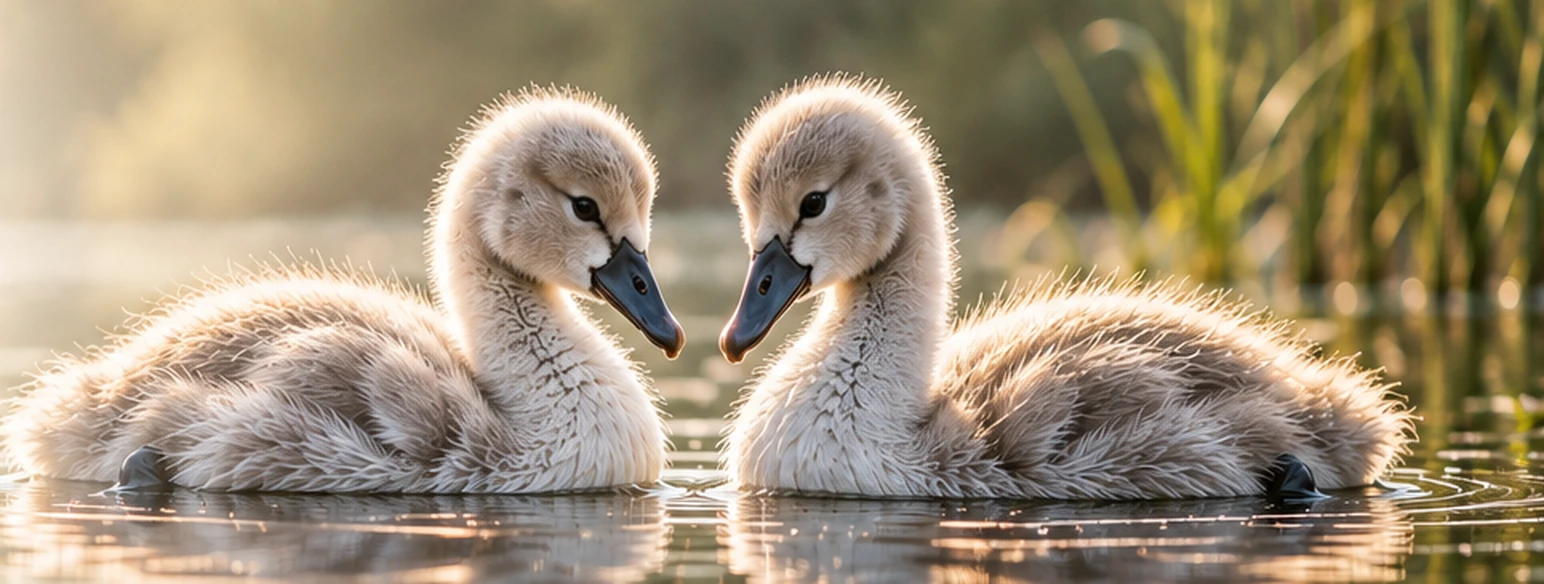 Two young cygnets resting together on the water